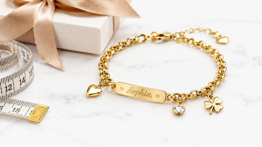 Personalized gold charm bracelet featured in EPF Jewelry’s editorial articles