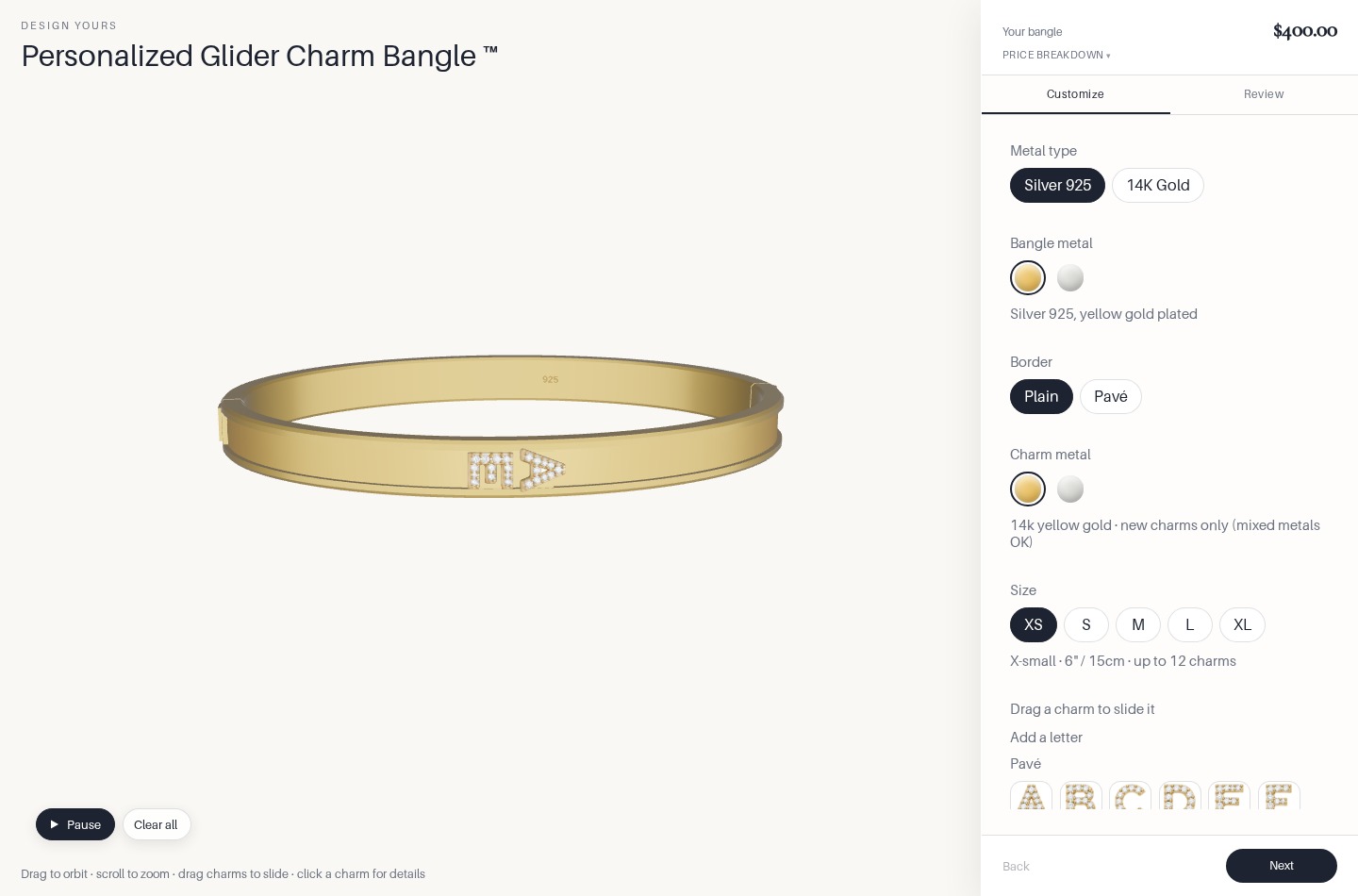 Live EPF Jewelry 3D bangle designer built by Enabler Tech, with personalized letter charms and metal and size controls